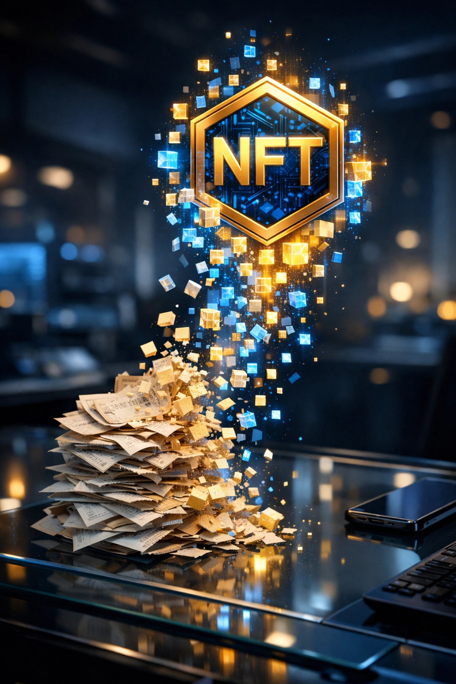 Paper receipts transforming into secure NFT receipts for accounting to streamline Web3 business transactions.