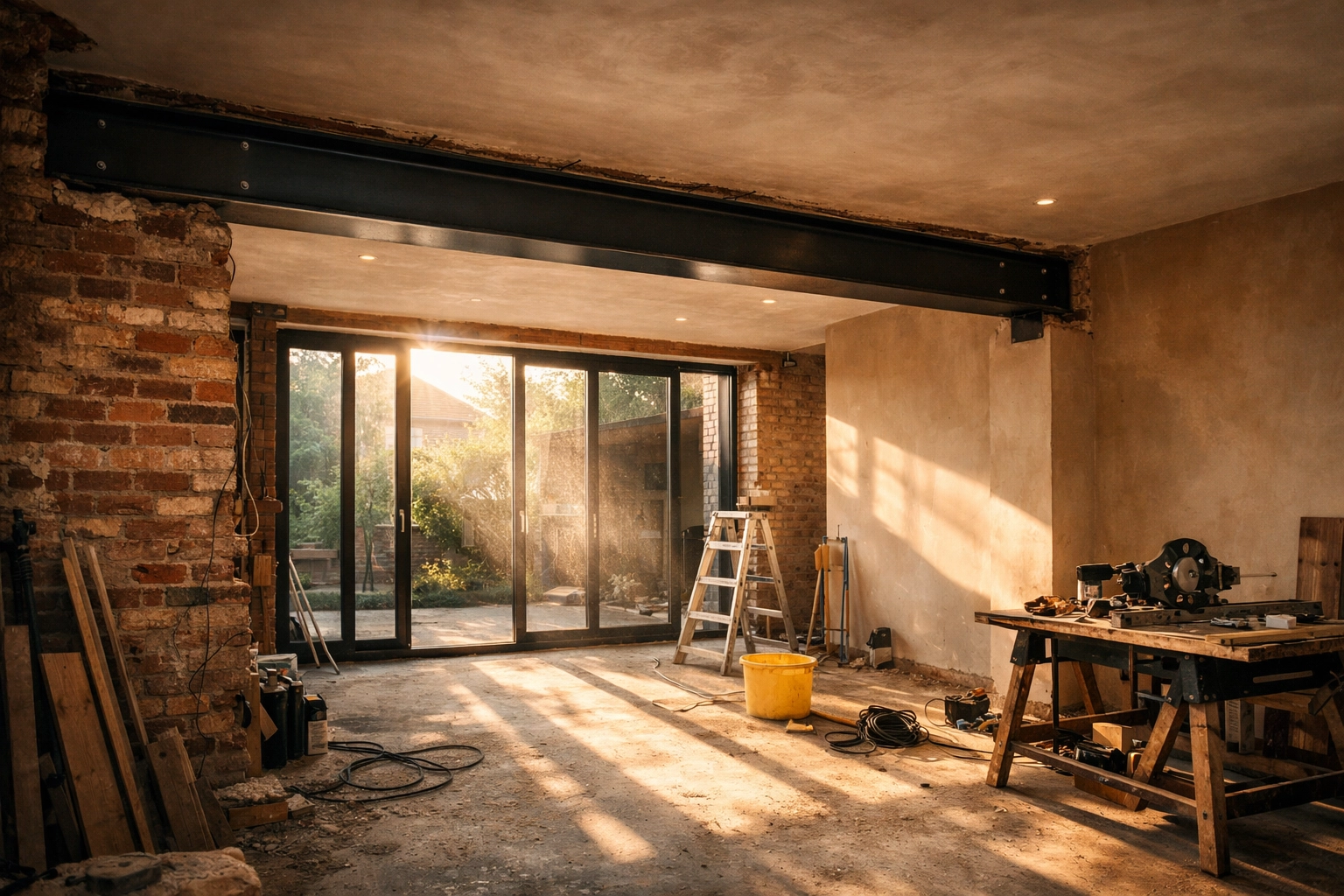 Structural kitchen renovation in West Sussex featuring a steel RSJ beam and new house extension work.