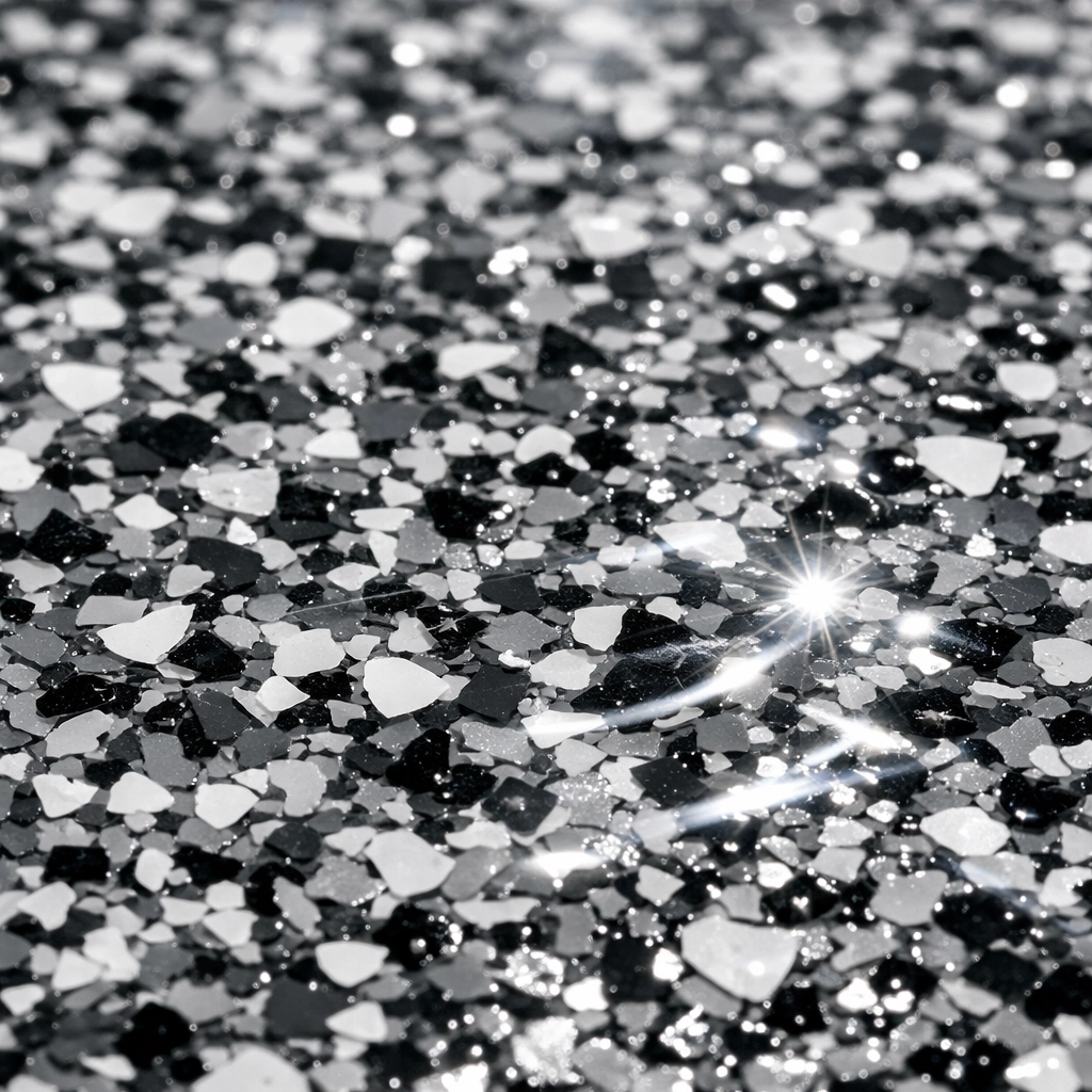 Close-up of a durable polyaspartic floor coating with a thick, glossy clear topcoat and flakes.