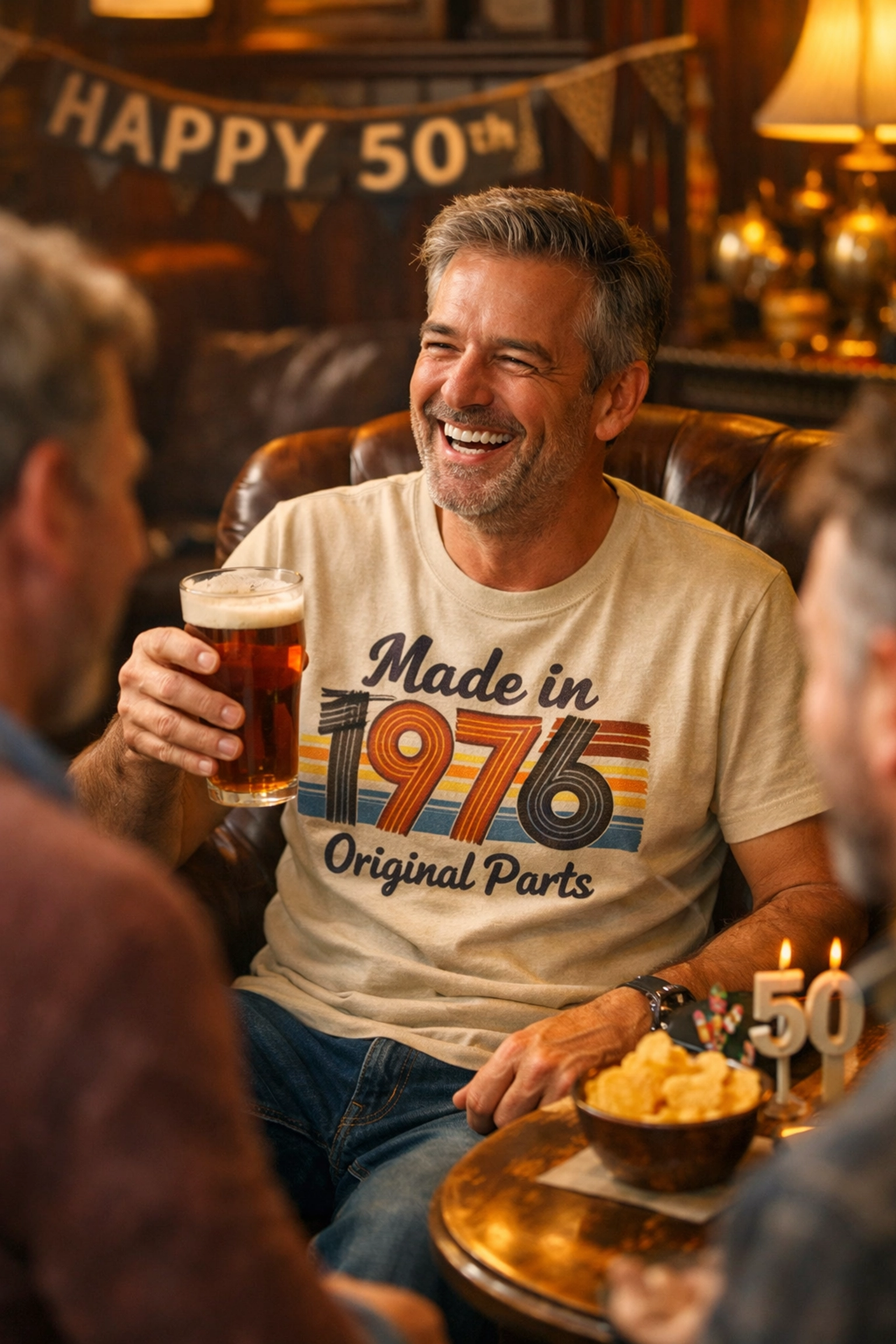 Man celebrating 50th birthday wearing funny vintage 1976 t-shirt with friends at pub