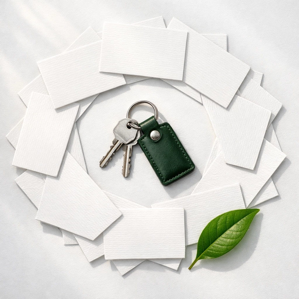 Business cards and house keys representing local citations and networking for better local search rankings.