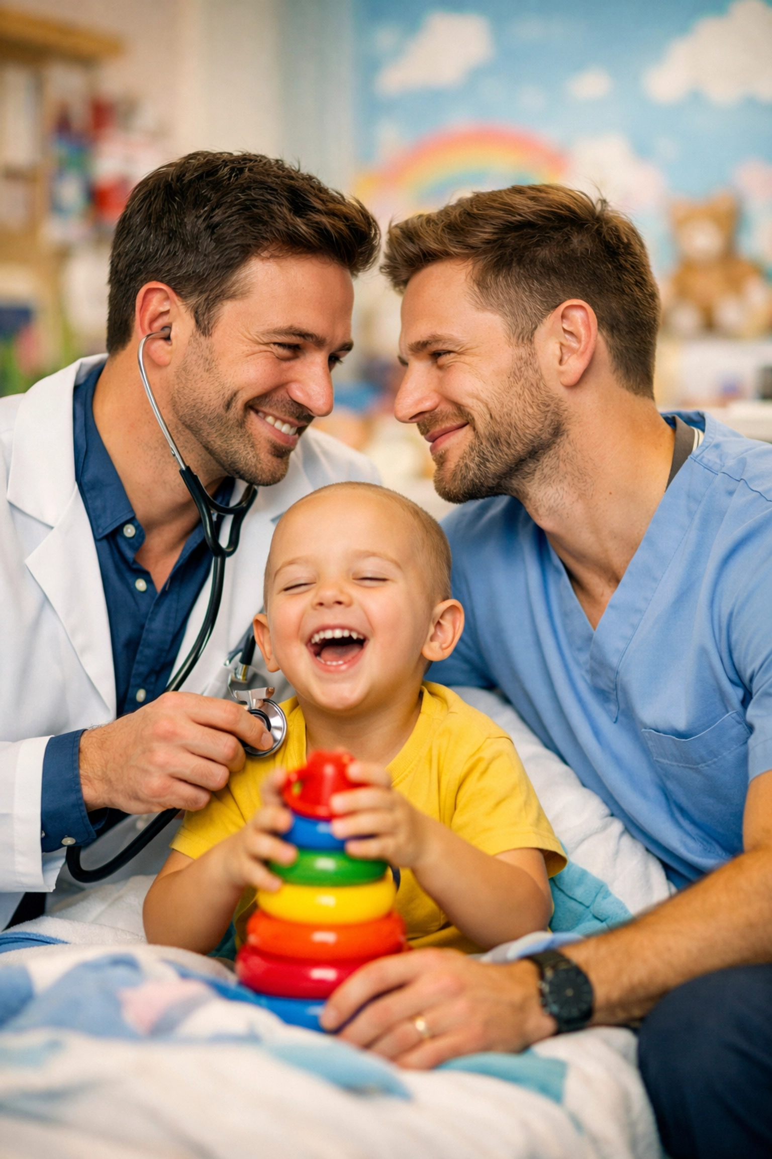 Gay doctor and therapist share a romantic look while caring for a child patient in a medical gay romance novel.