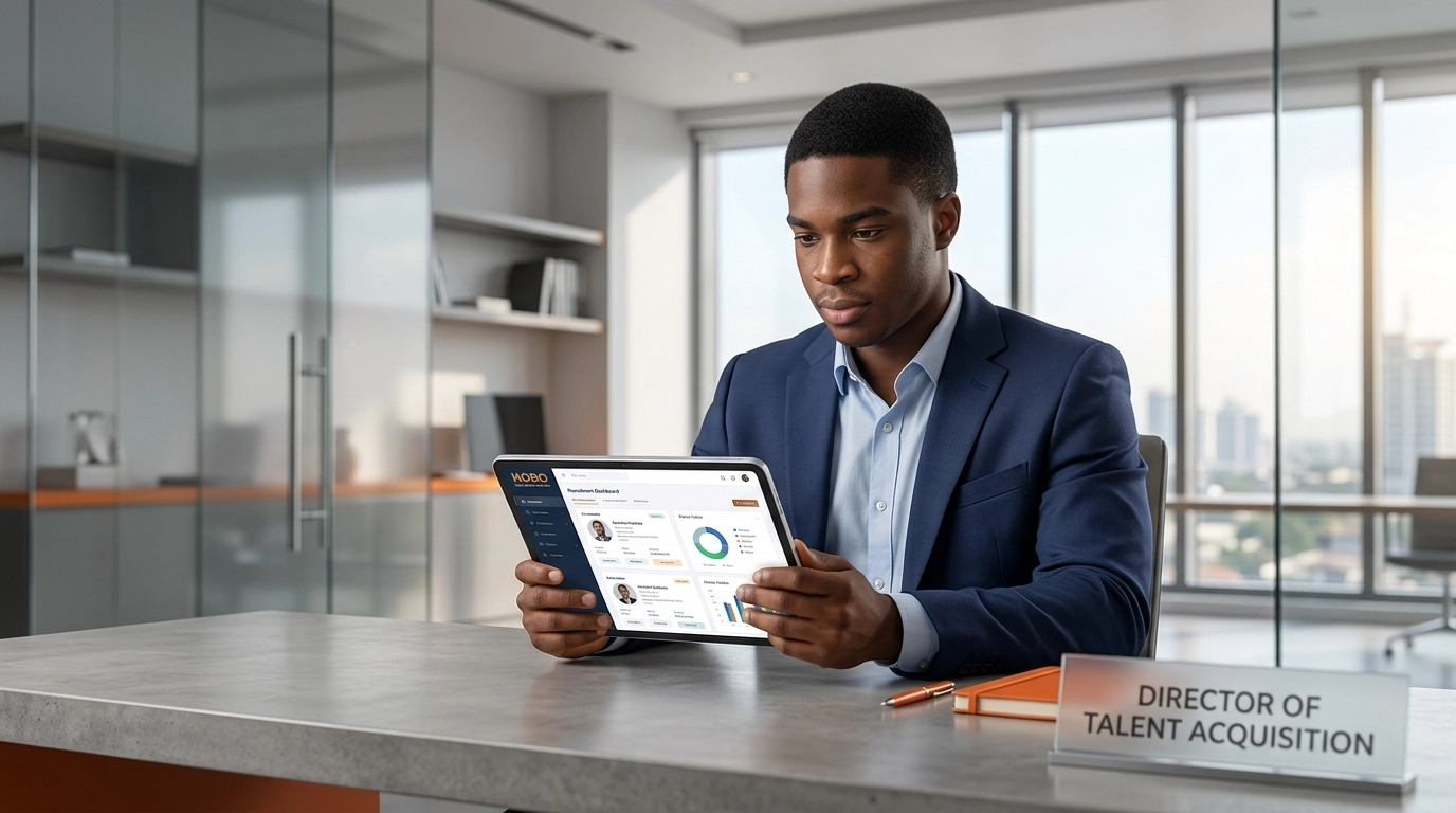 Professional recruitment director in a modern Lagos office environment