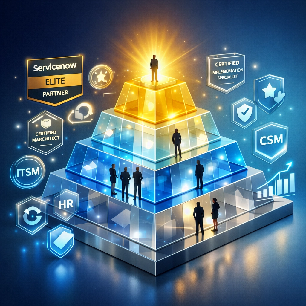 ServiceNow partner certification pyramid showing Elite Partner competency levels and expertise tiers