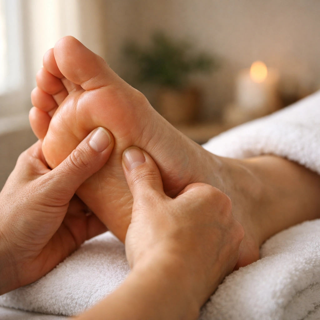 Reflexology treatment showing therapist applying pressure to foot pressure points