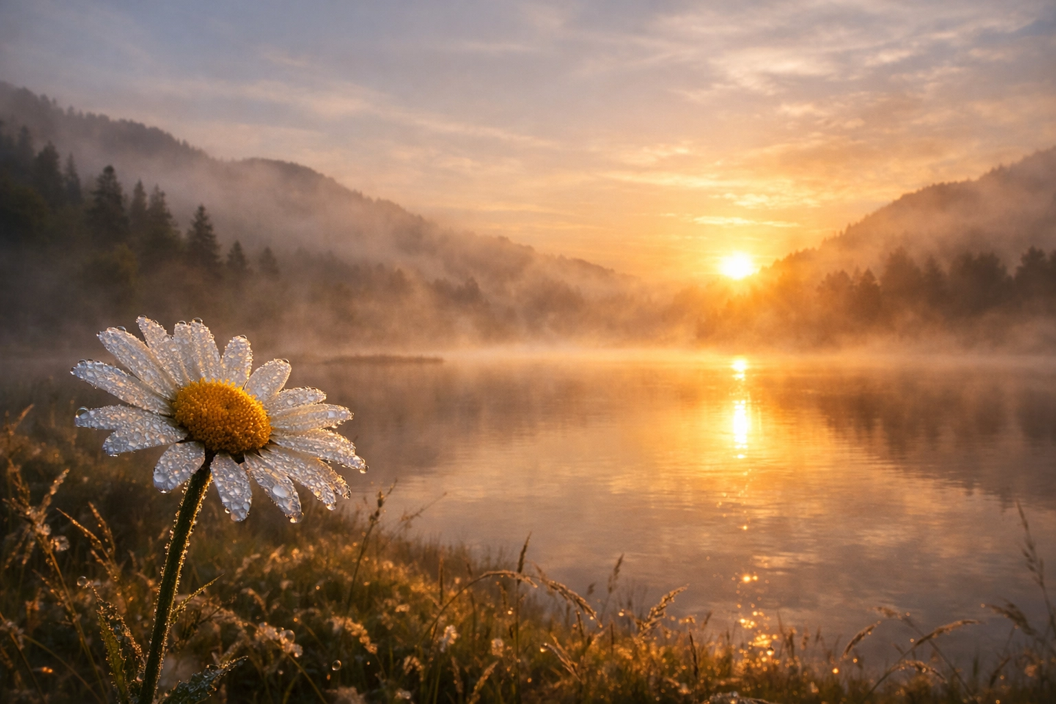 A sunrise over a misty valley and wildflower, symbolizing the sanctity of life and divine comfort.