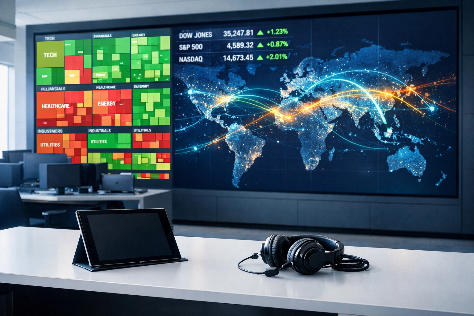 A financial market heatmap on a digital wall displaying stock market news and sector performance data.