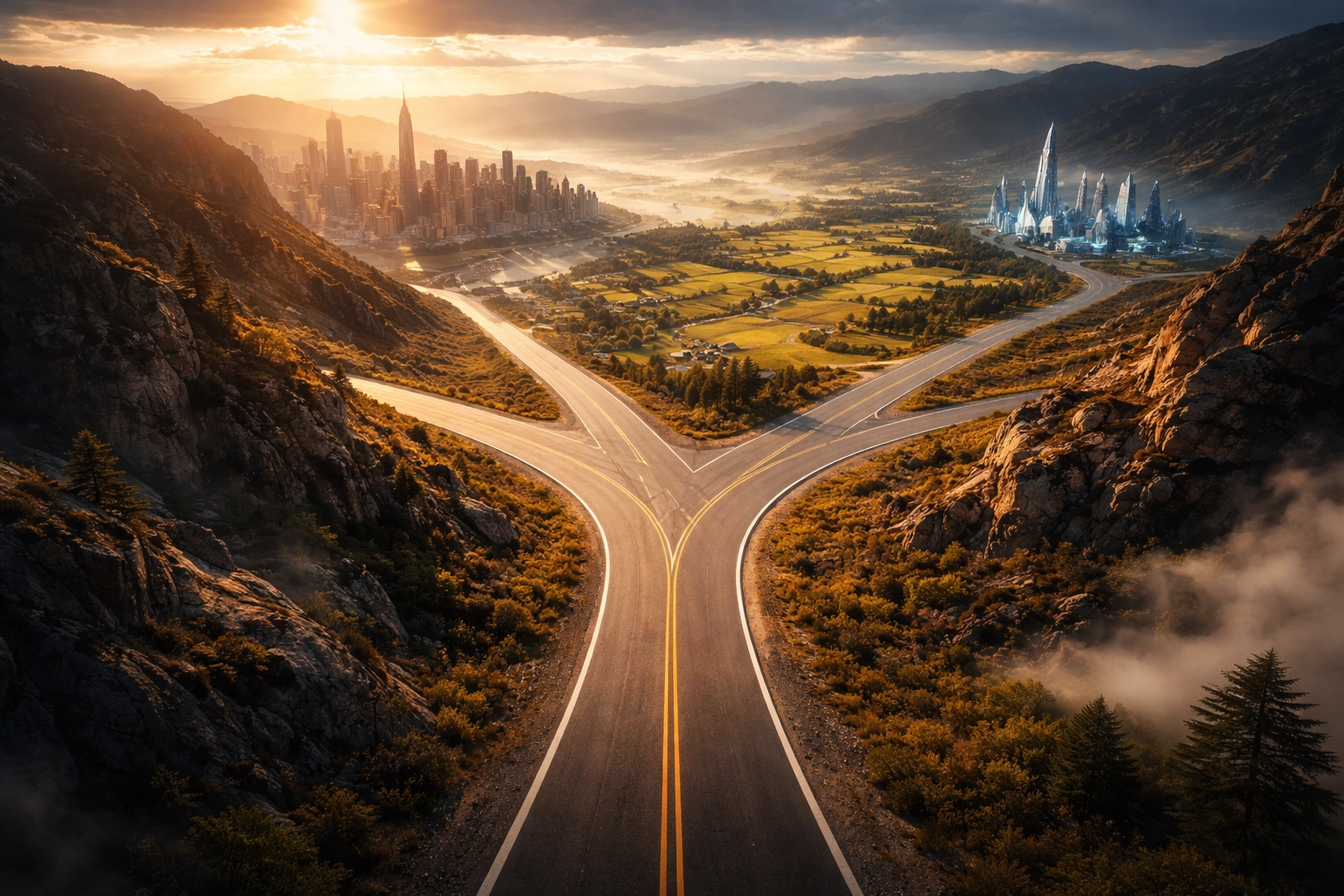 Aerial view of a crossroads symbolizing strategic investment choices and portfolio diversification in 2026