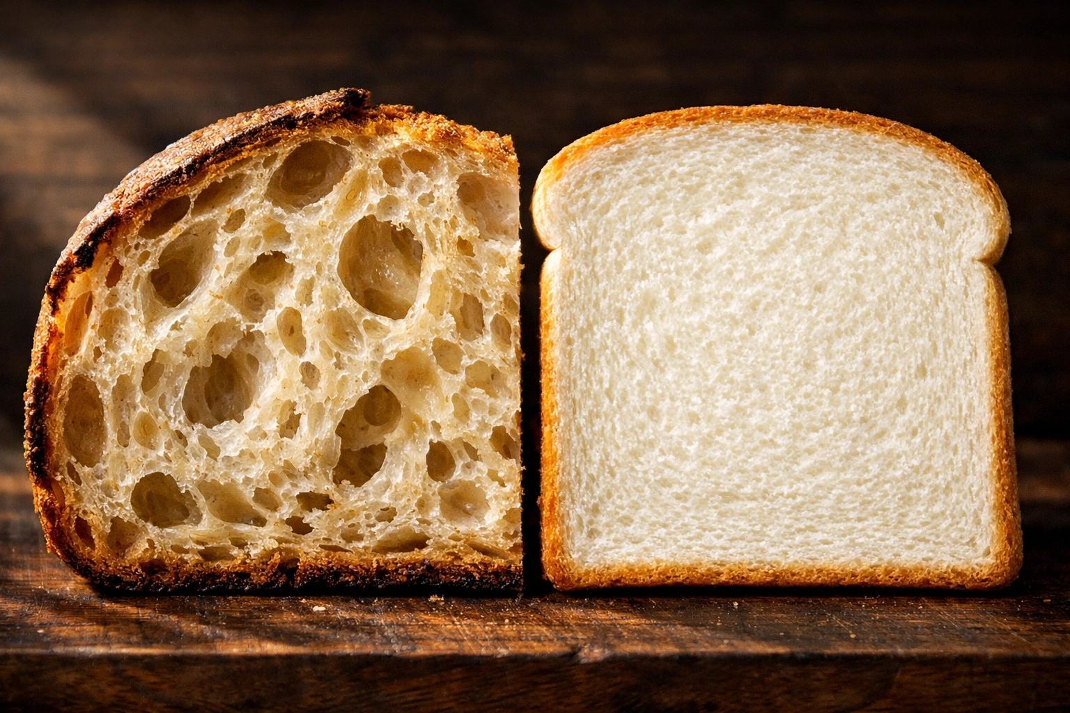 Comparison of artisanal sourdough bread and mass-produced bread showing ultra-processed differences