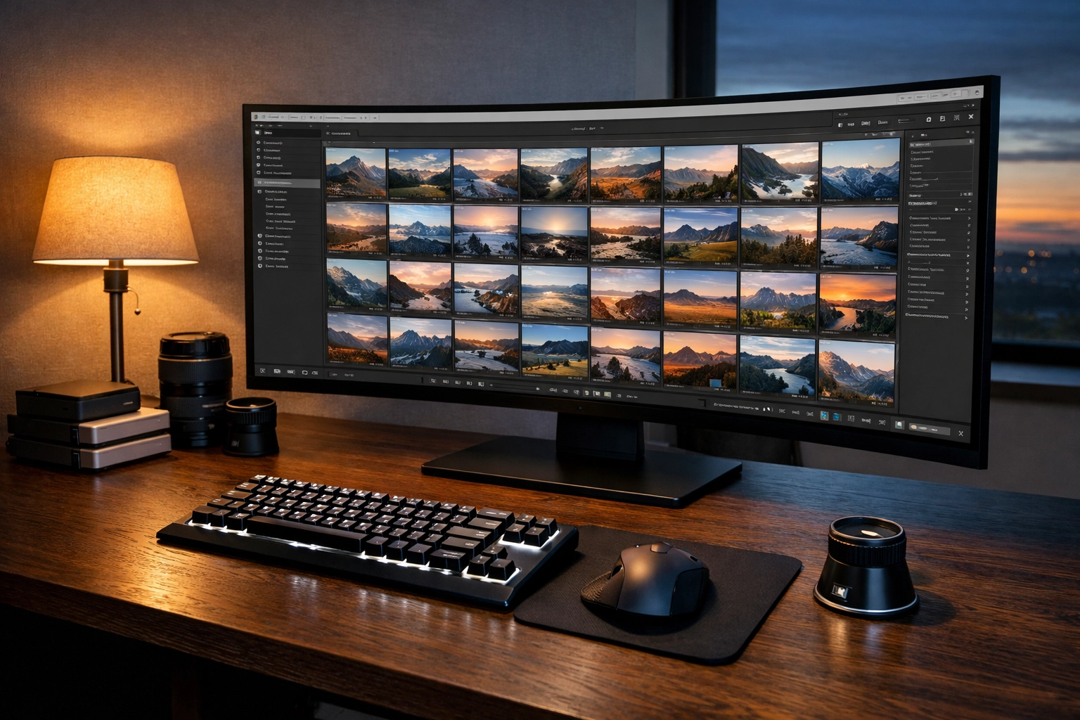 Organized workspace setup for photo editing tutorials 101 showing a grid of RAW images on a monitor.