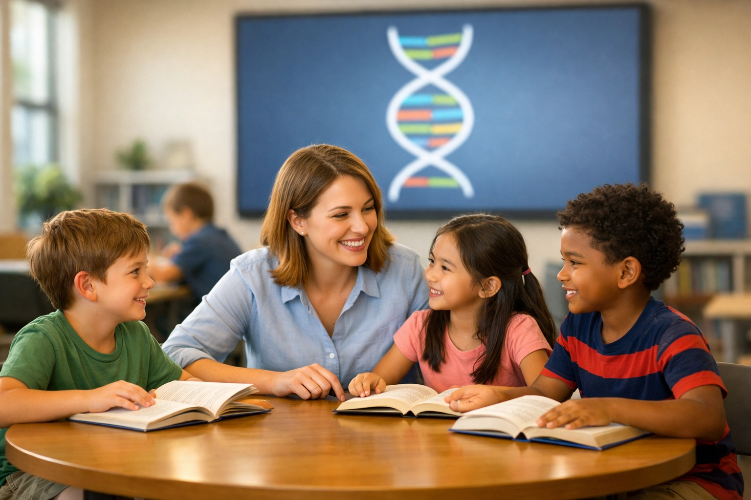 A teacher engages with students during a human-centered lesson in a modern high-tech classroom.