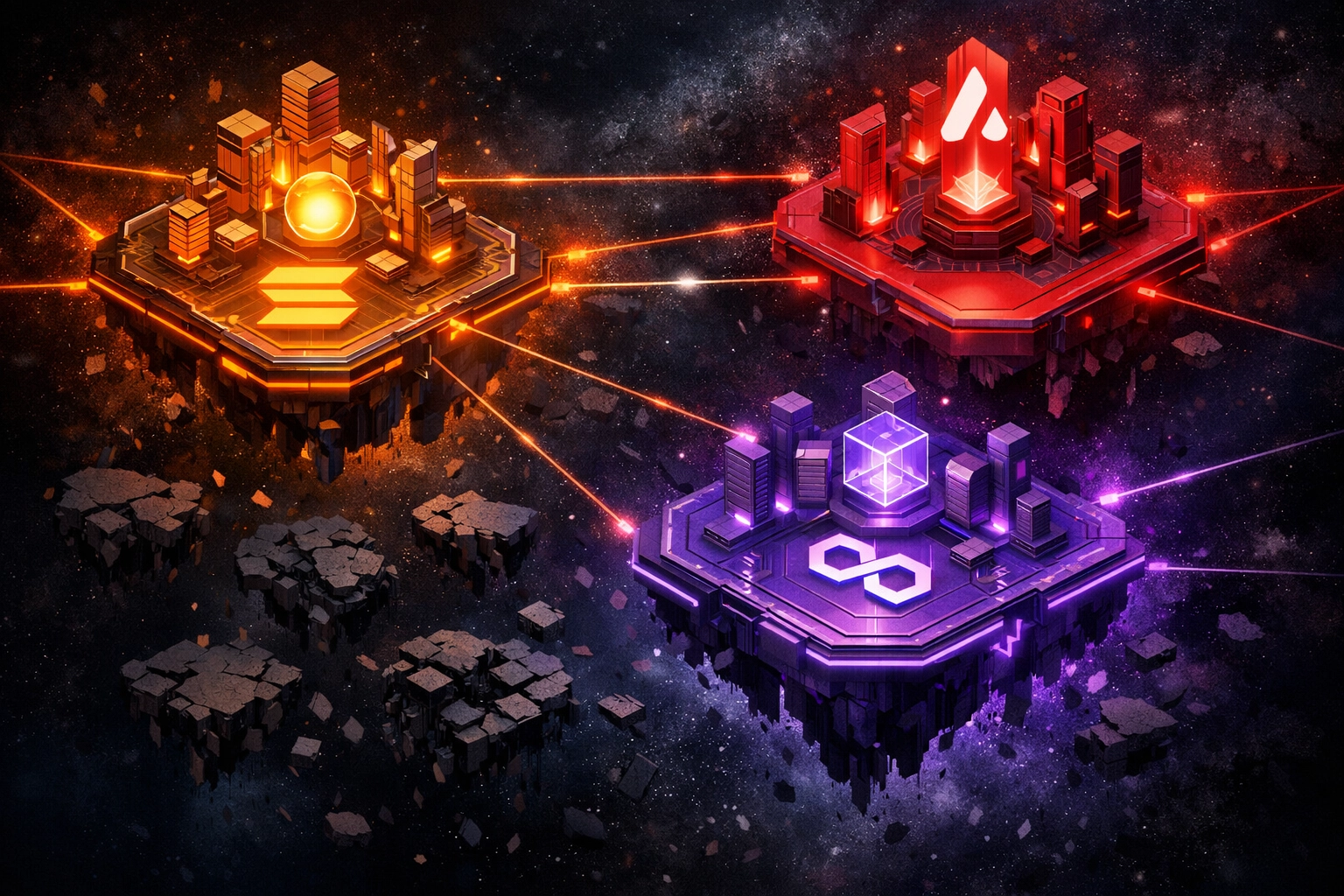 Interconnected blockchain networks including Solana, Avalanche, and Polygon with multi-chain risk