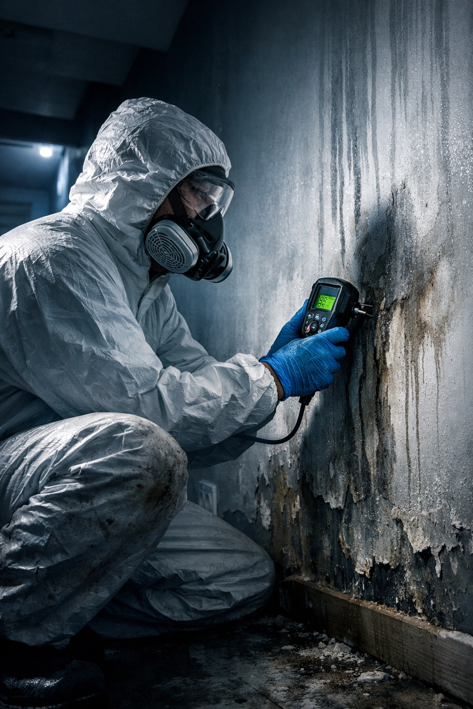 Water damage restoration technician using moisture meter on basement wall to detect hidden moisture