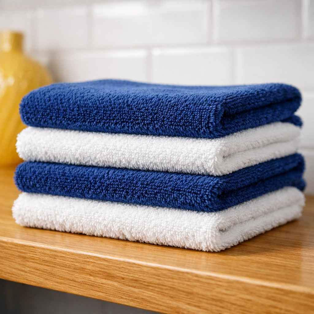 Stack of clean microfiber cloths ready for high-efficiency eco-friendly house cleaning in Framingham MA.