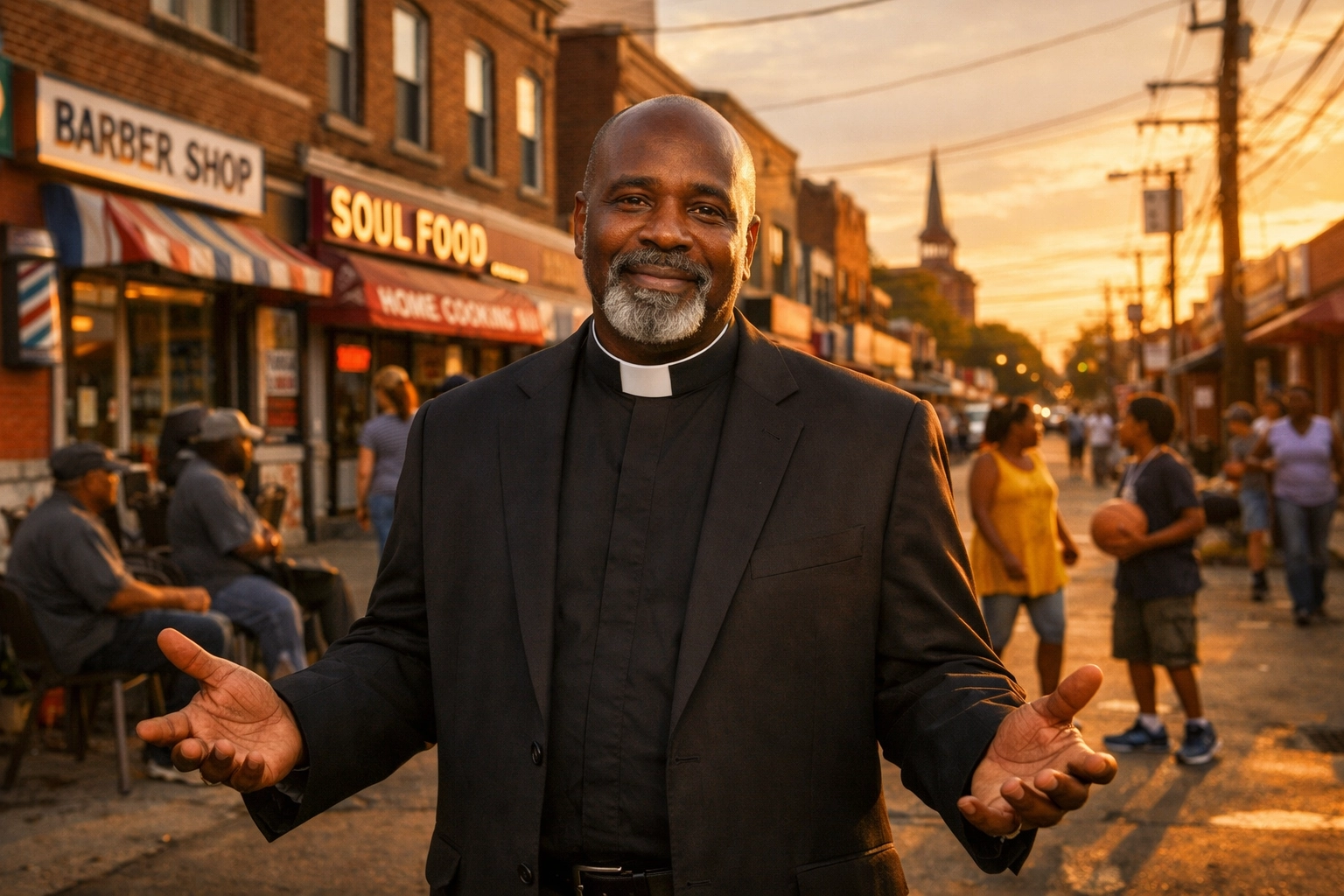 Pastor leading community transformation in a vibrant neighborhood with local businesses