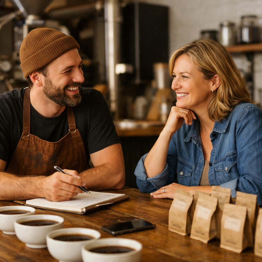 A coffee shop owner and roaster discussing wholesale coffee samples and partnership.