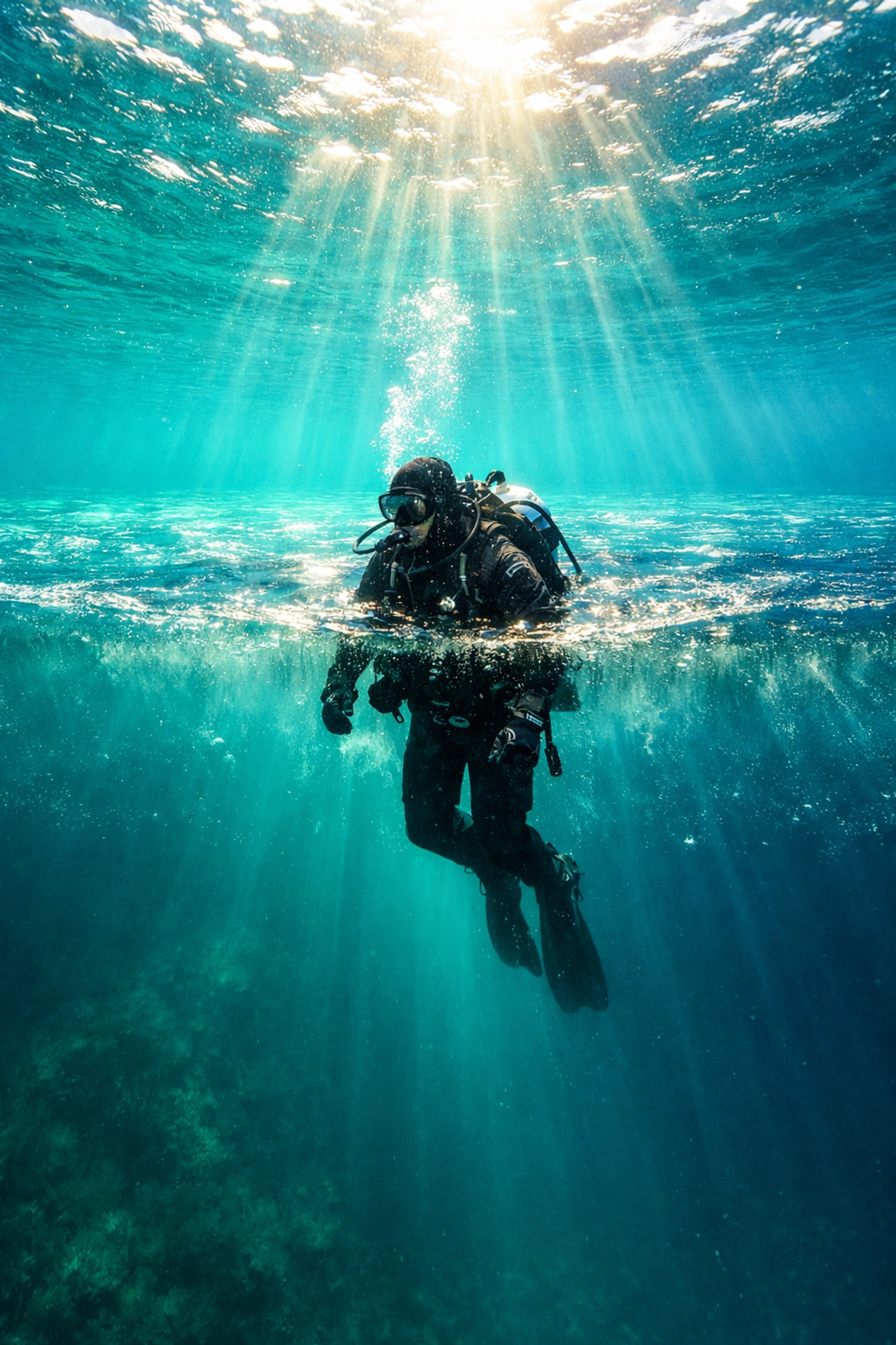 Taucher im Trockentauchanzug durchquert Sprungschicht im kalten Wasser des Goitzschesees