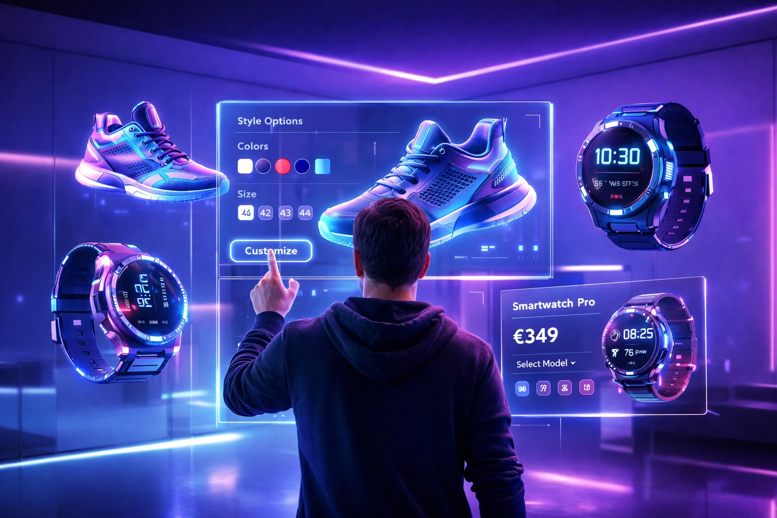 Hyper-Personalisierung 2.0 im E-Commerce: Kunde betrachtet KI-generierte Produktvorschläge in Echtzeit.