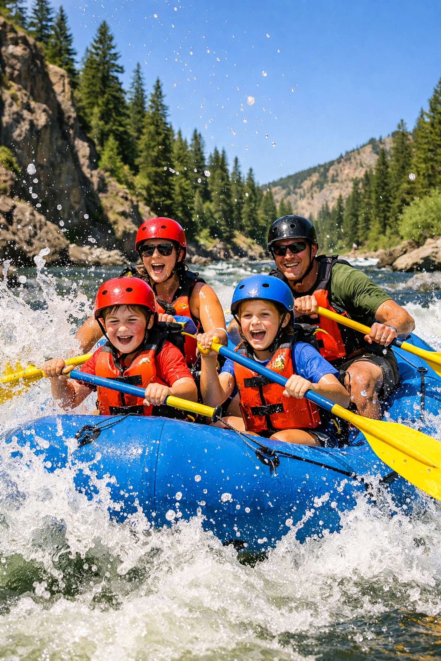 A family enjoying an exciting whitewater rafting adventure on the Yellowstone River in Montana.
