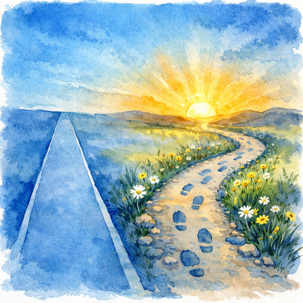 Two paths diverging: one perfect but empty, one imperfect with consistent footprints toward sunrise