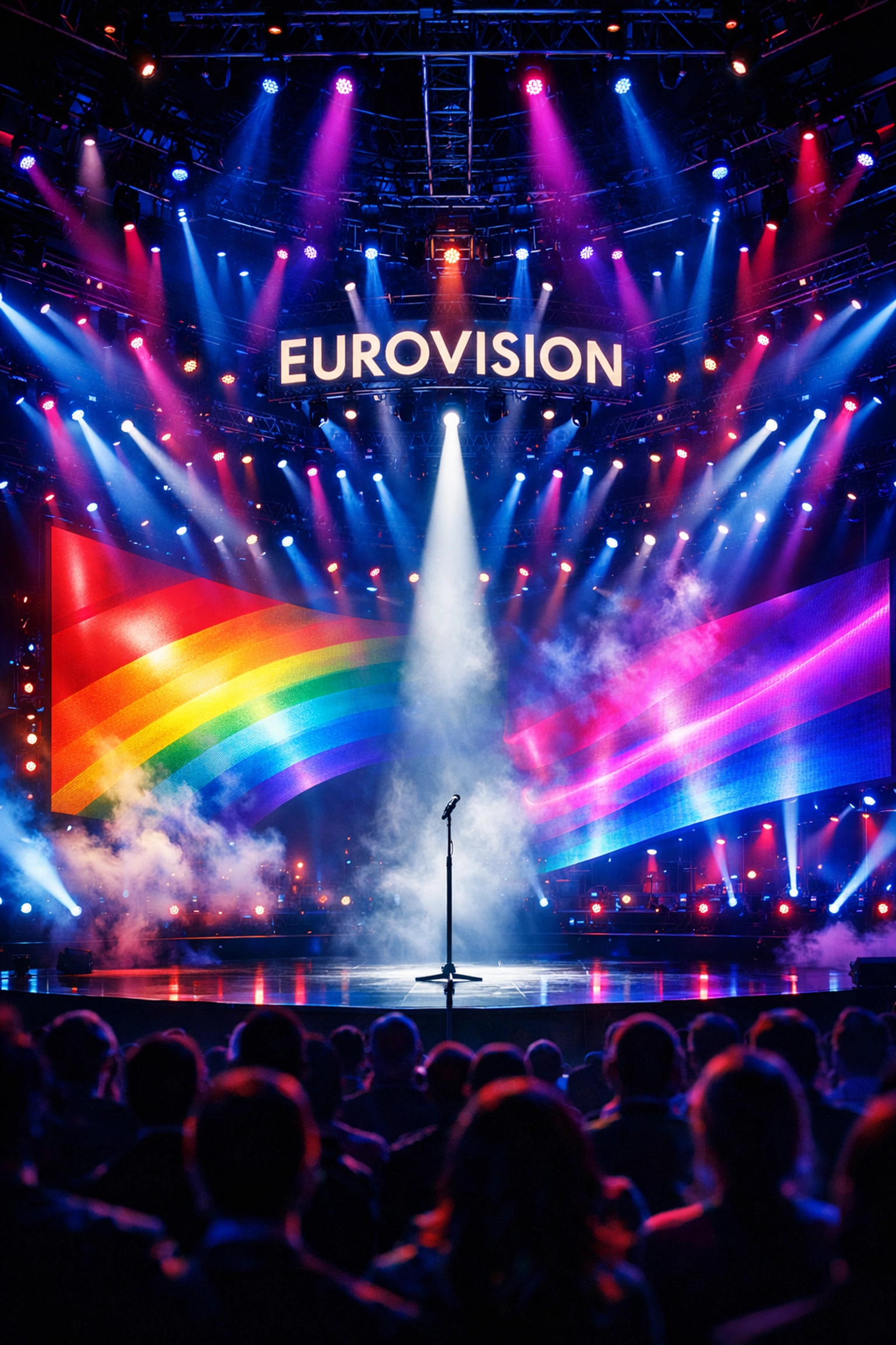 Eurovision stage with dramatic rainbow lighting showcasing LGBTQ+ inclusive performance