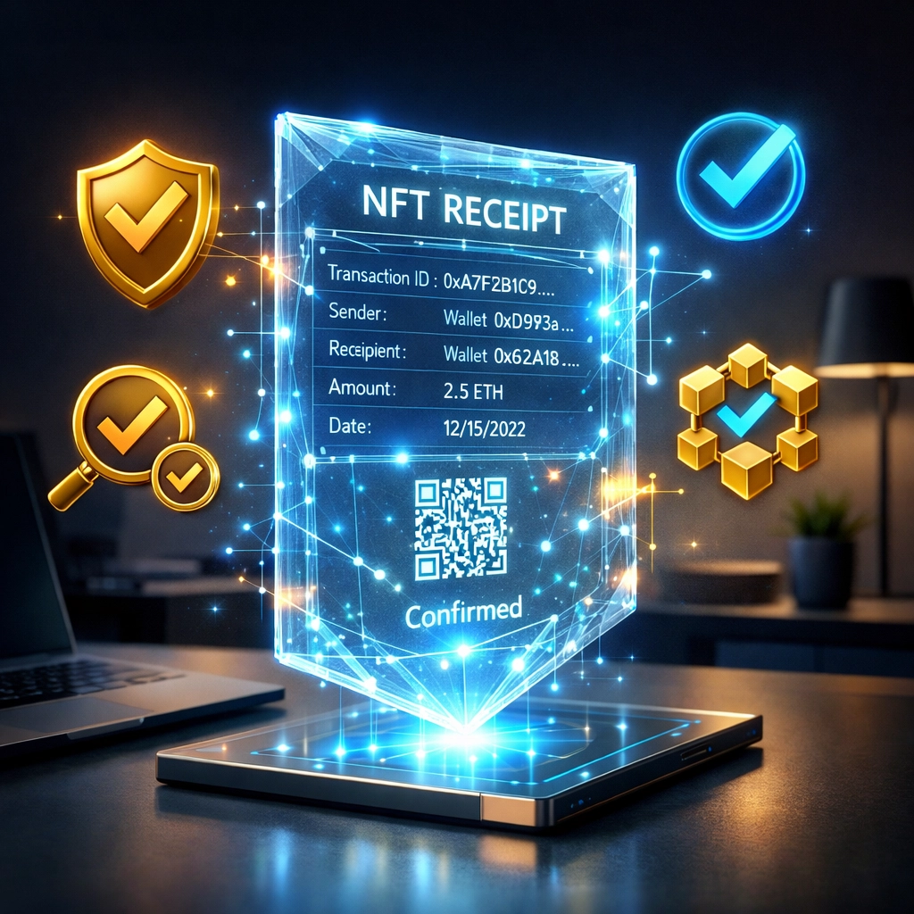 NFT receipt with blockchain verification badges for immutable proof of payment documentation