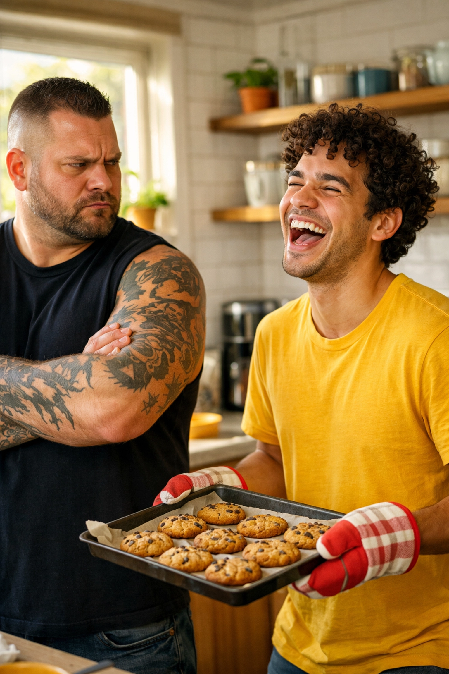 A stoic man and a cheerful partner in a sunlit kitchen, illustrating the Grumpy x Sunshine gay romance trope.