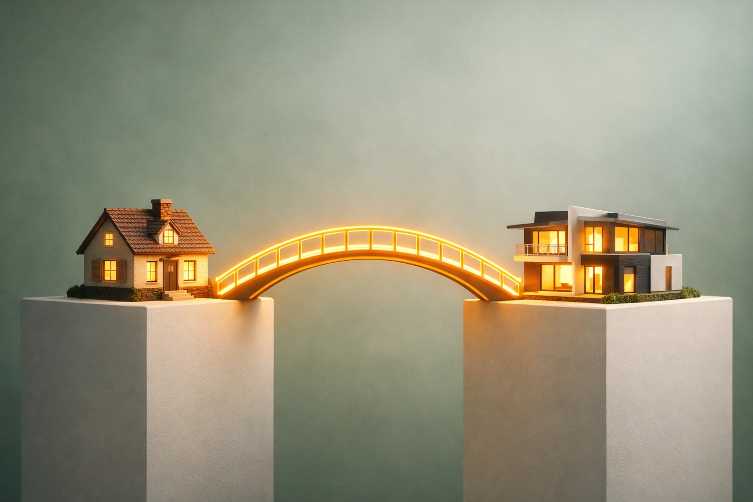 Conceptual golden bridge between two houses, illustrating bridging finance for a smooth property move.