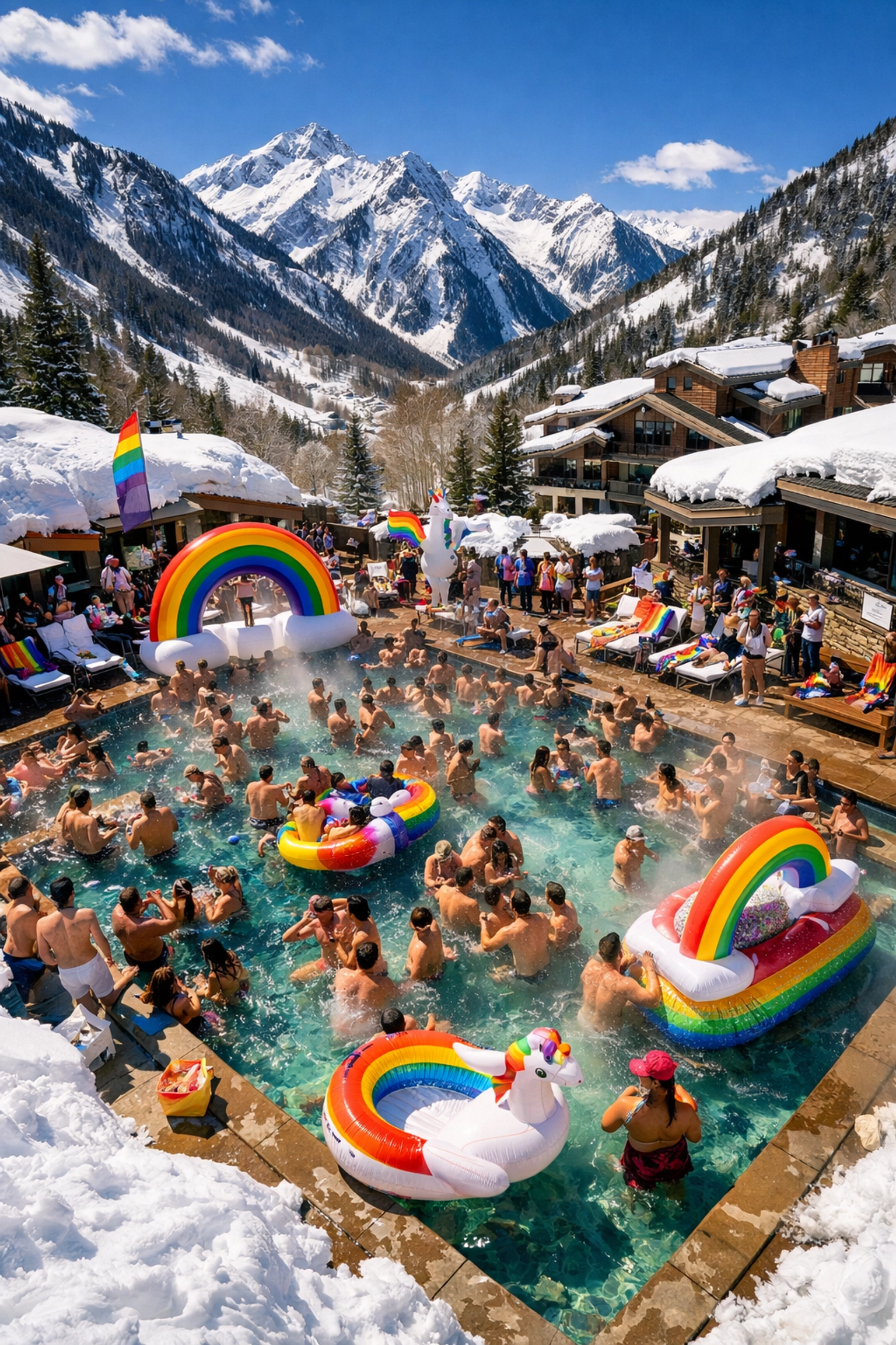 Aspen Gay Ski Week pool party with LGBTQ+ community celebrating in heated outdoor pool surrounded by snow
