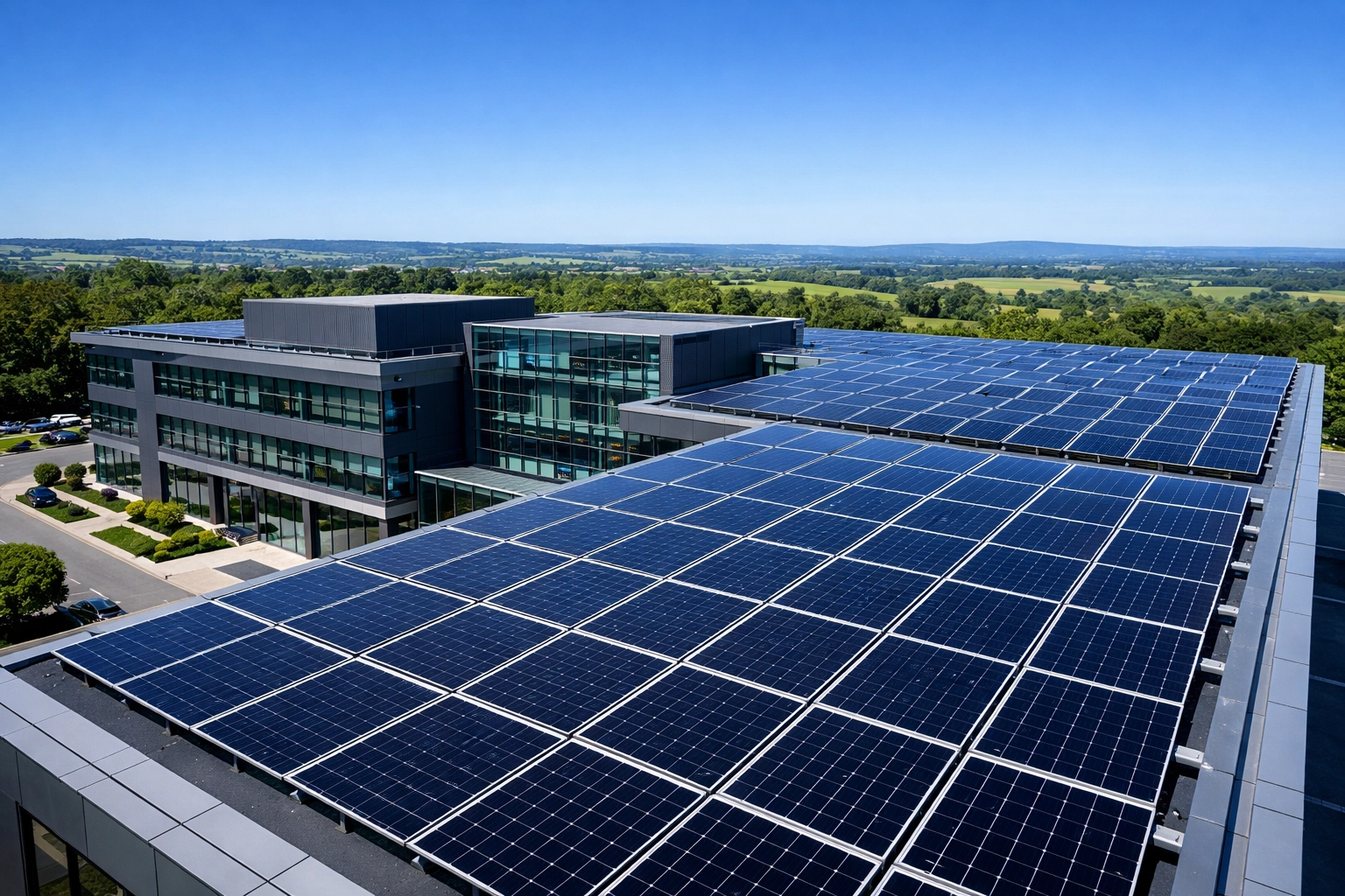 Modern Dorset office building with a commercial solar panel installation for maximum energy bill savings.