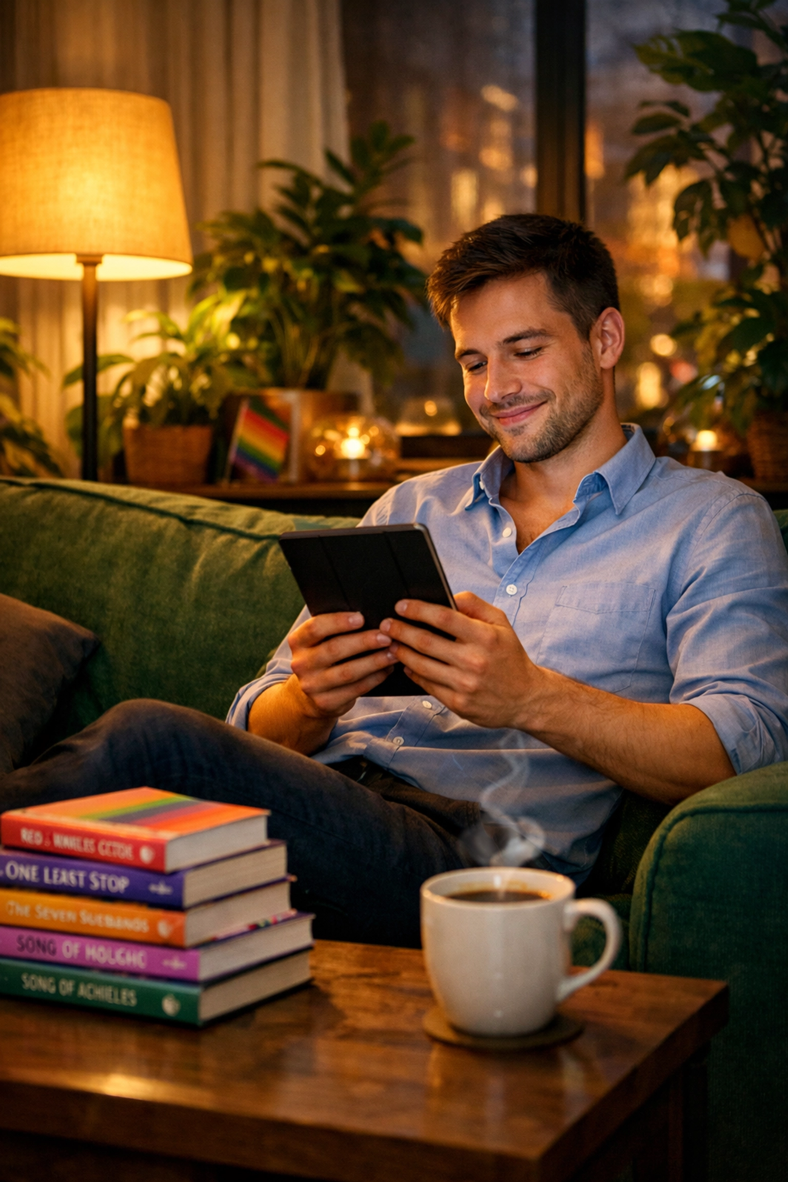 A queer professional relaxing at home reading an LGBTQ+ ebook to balance career success and personal joy.