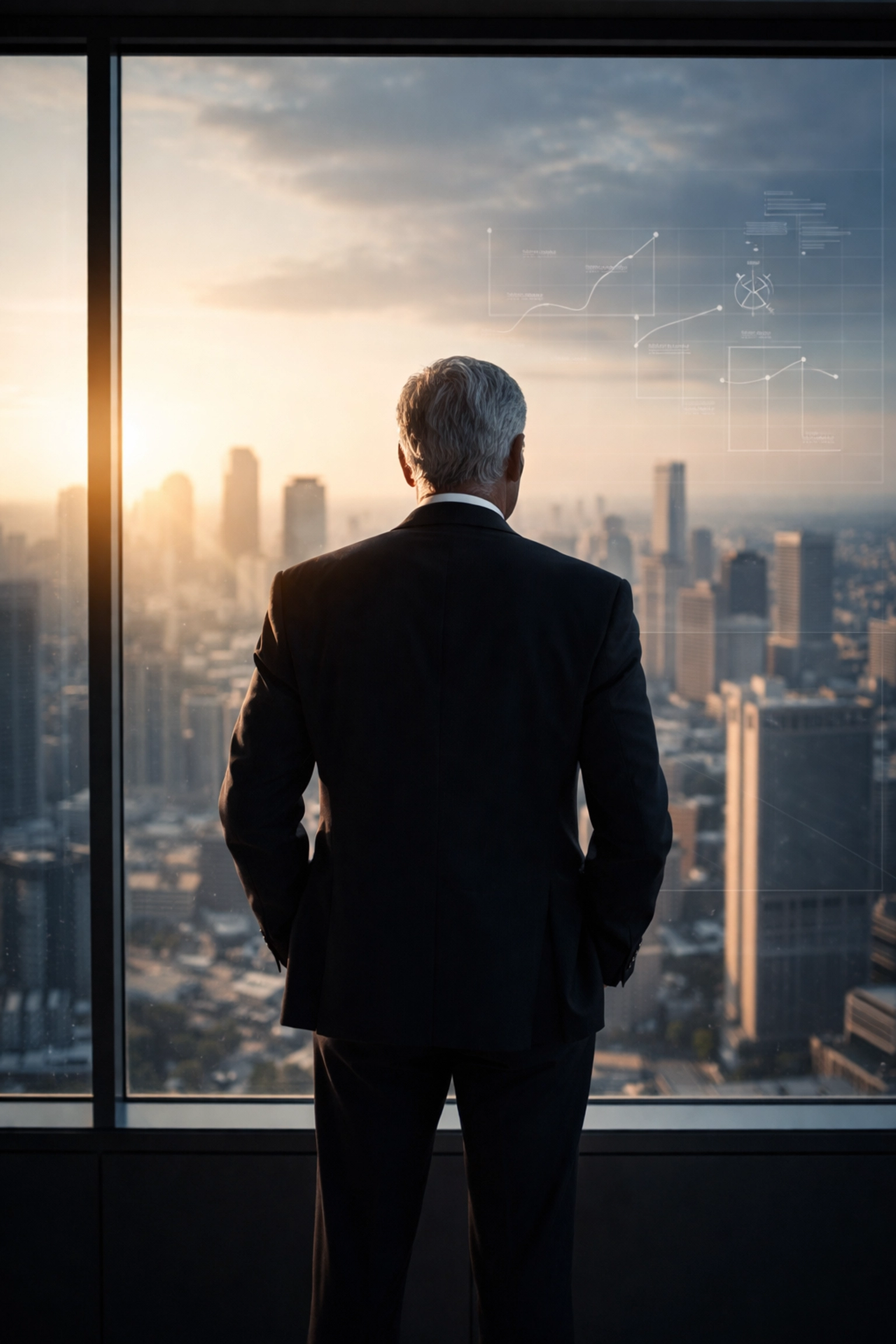 Leader overlooking cityscape representing strategic vision and organisational leadership development