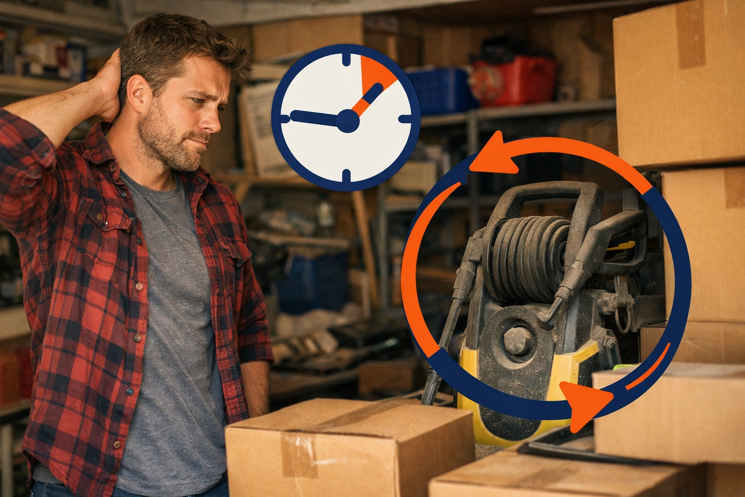 Man looking at unused equipment in a garage, illustrating the waste of buying items you rarely use.