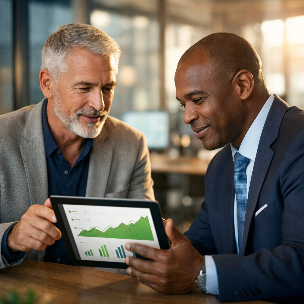 IT professionals reviewing ServiceNow ROI metrics and performance benchmarks in a modern office.