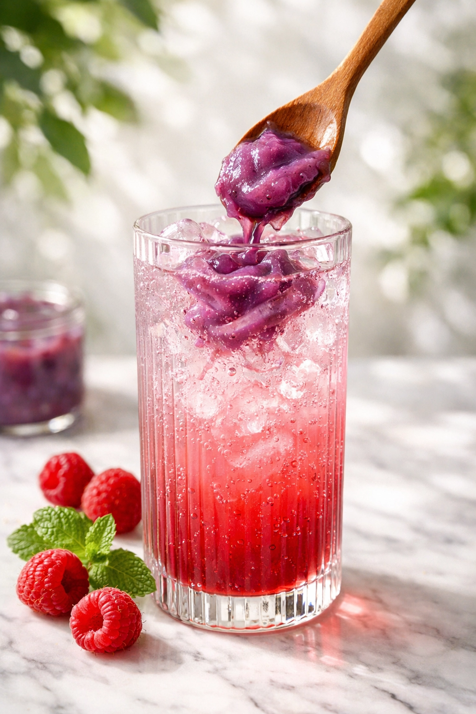 Stirring berry flavored sea moss gel into a refreshing mocktail to enjoy various sea moss gel benefits.