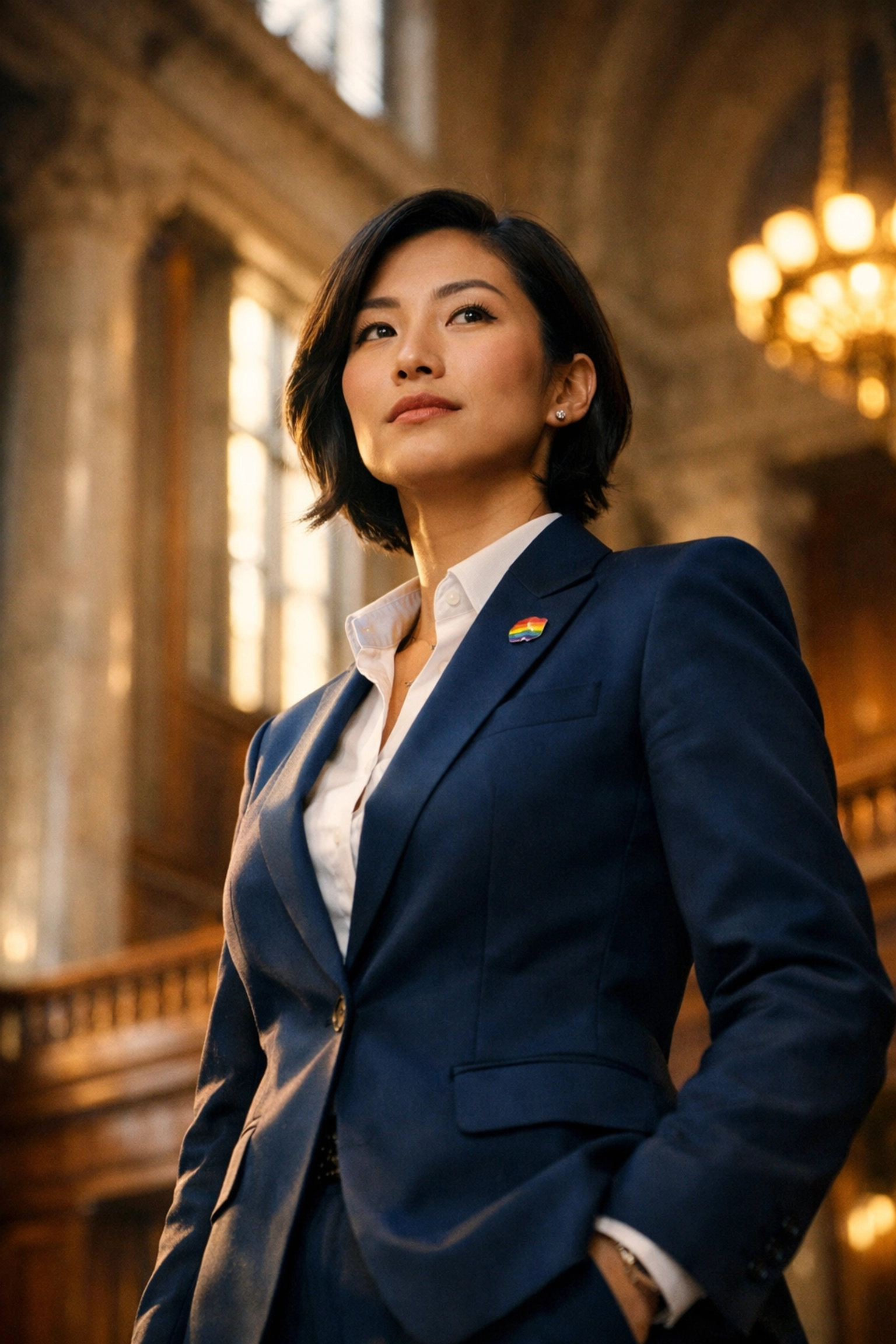 An Asian American lesbian politician in a professional suit, symbolizing AAPI LGBTQ+ leadership and political power.