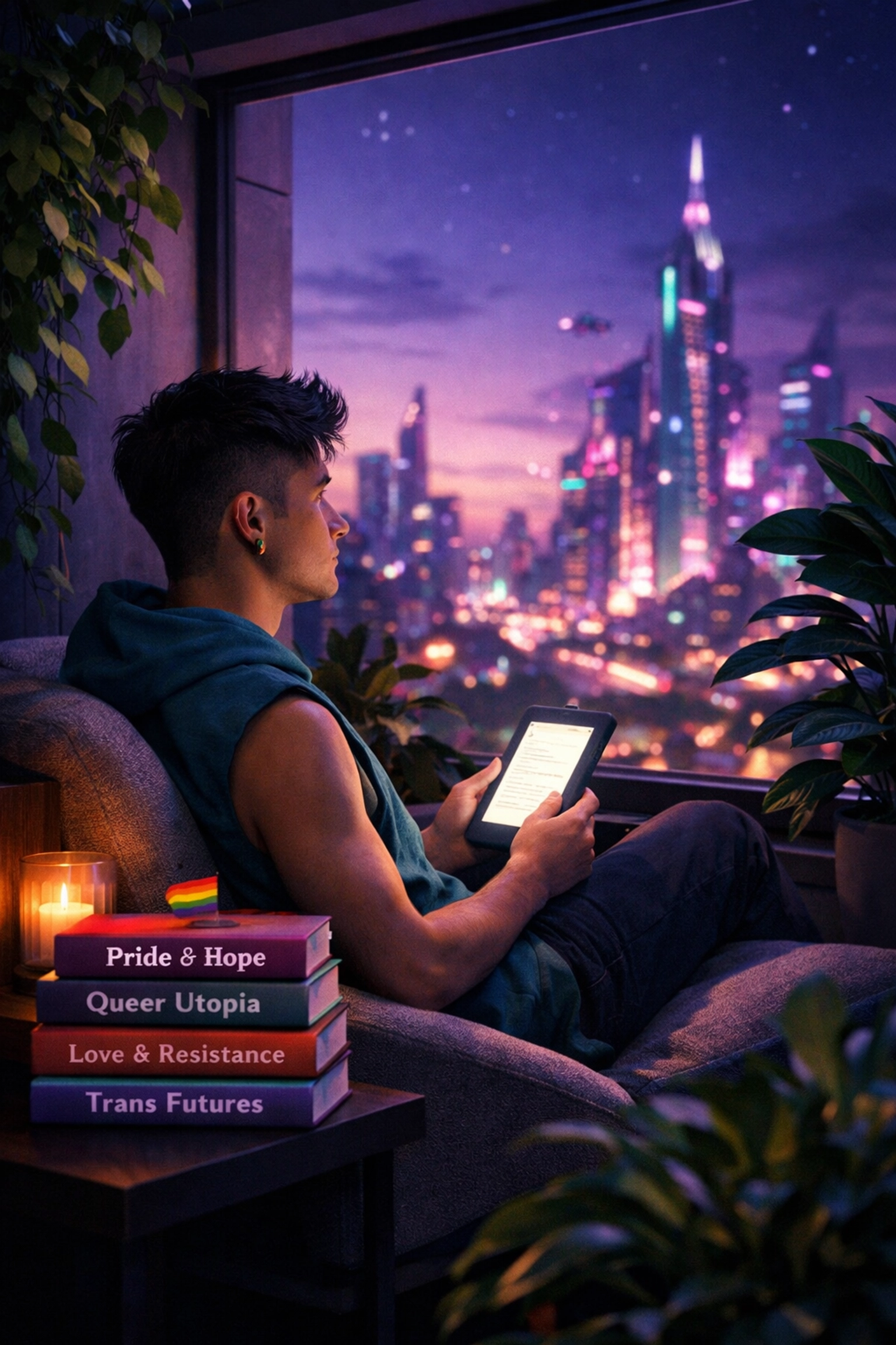 A queer man reading an ebook in a peaceful nook, envisioning a hopeful queer future through award-winning gay fiction.