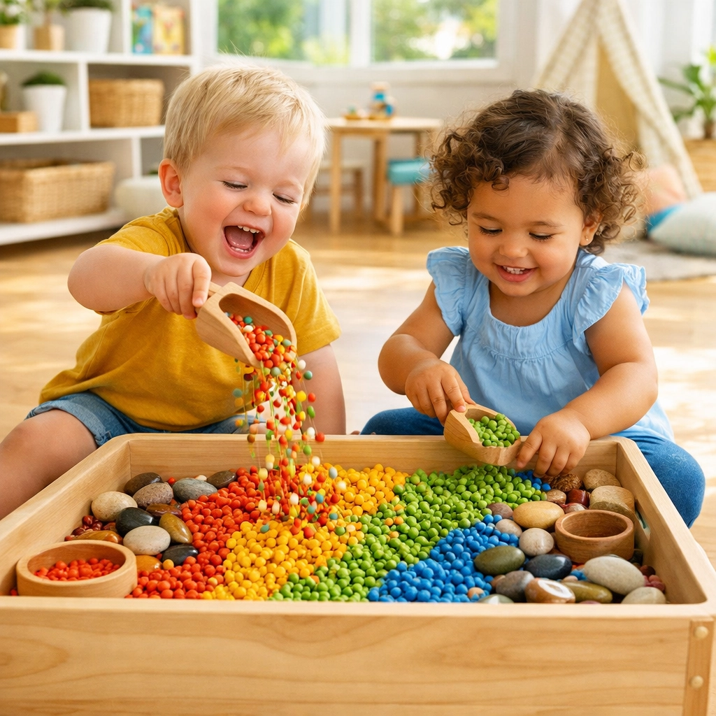 Toddlers enjoying play-based learning with a colorful sensory bin at Rainbow Hut Liverpool.