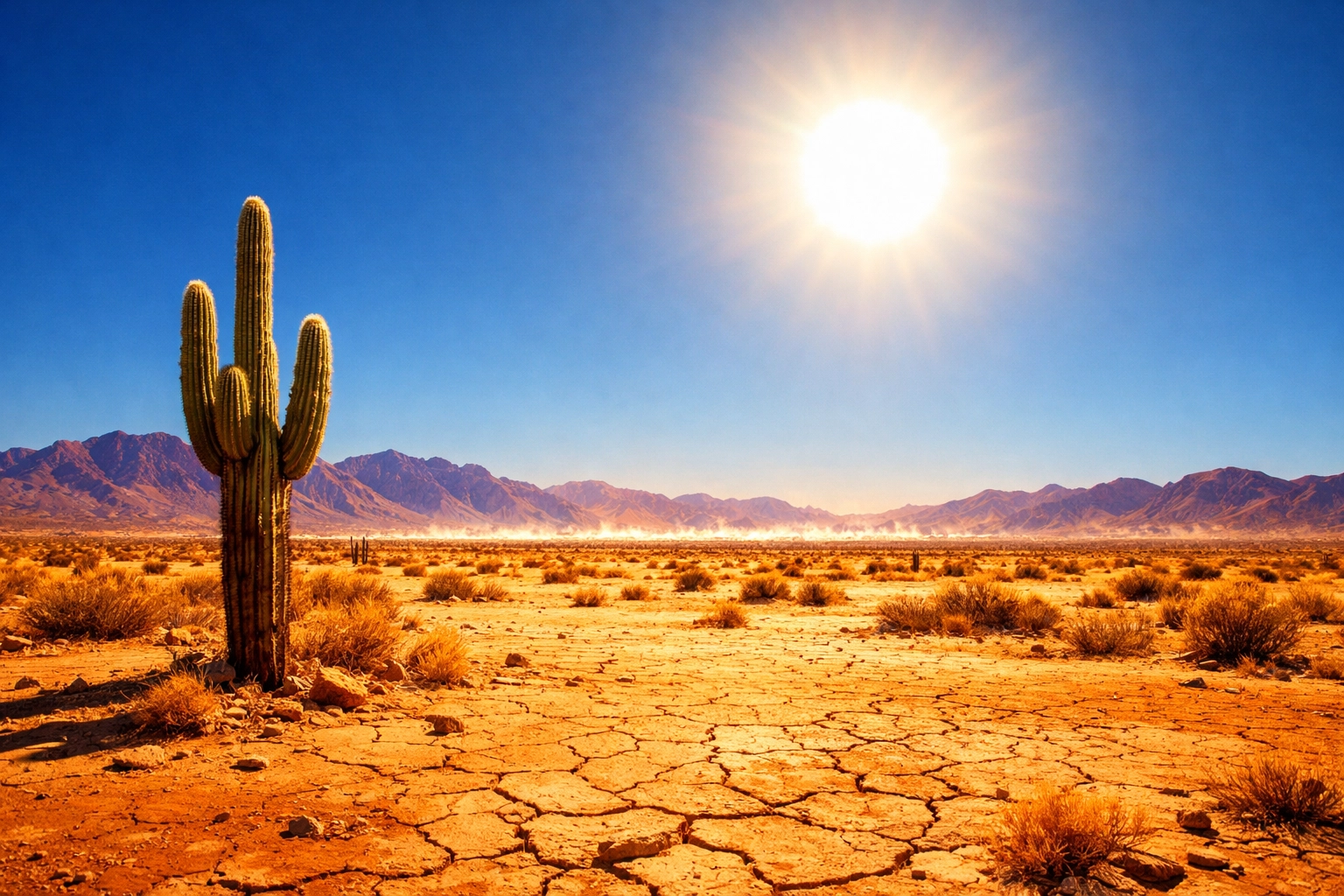 Saguaro cactus in the parched Mojave Desert under a scorching sun during a record-breaking heatwave.