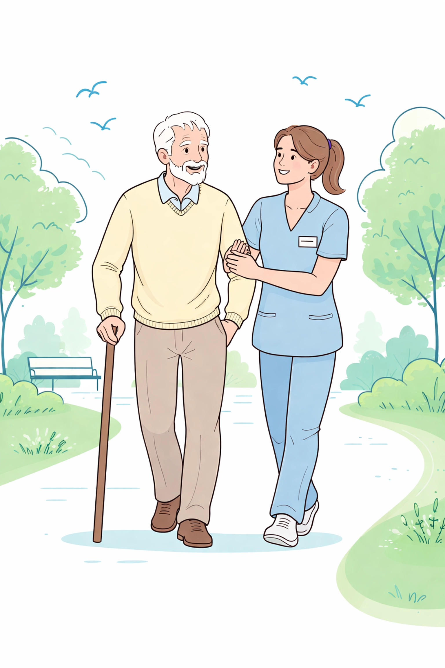 Senior man and companion caregiver walking together in a park, showing improved wellbeing