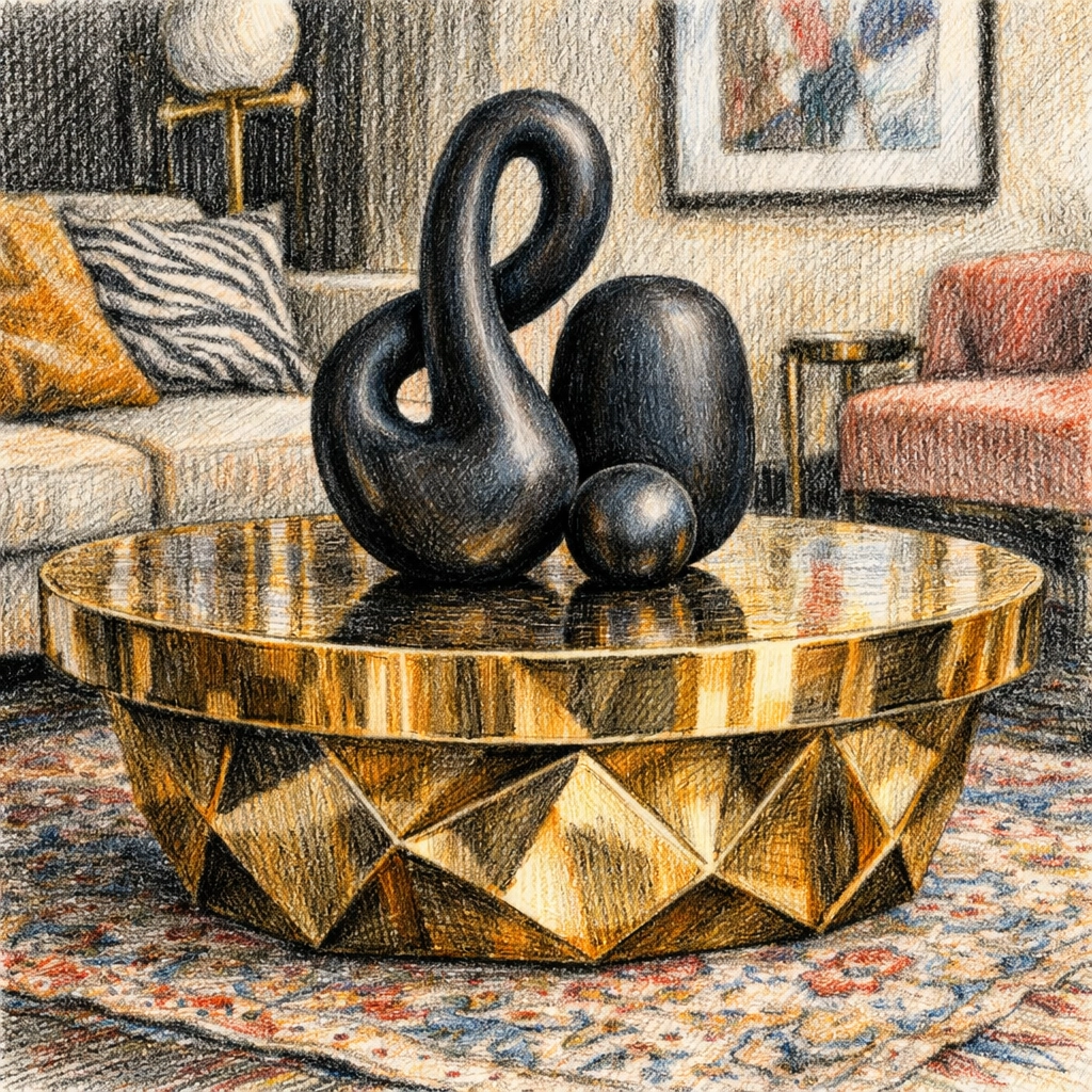 Eclectic boutique hotel suite featuring a geometric brass coffee table on a patterned hand-woven rug.