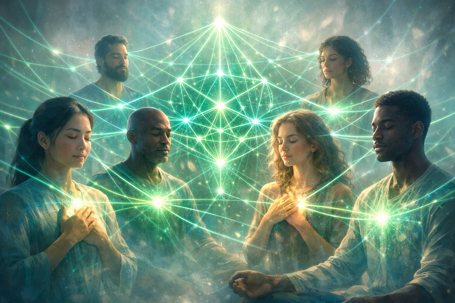 A glowing web of energy connecting people, symbolizing team resonance and collective flow states in leadership.