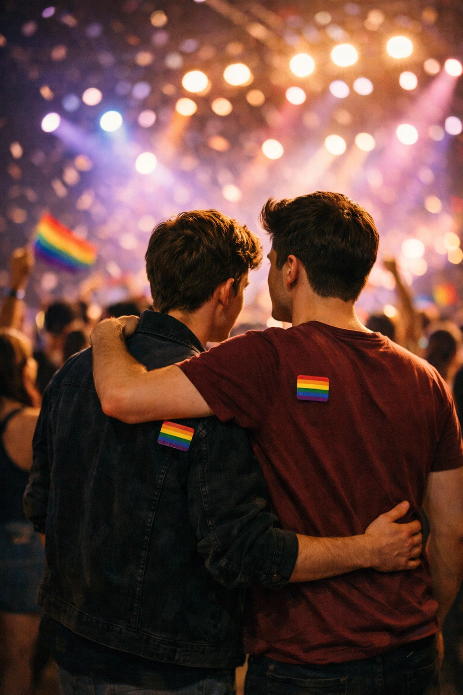 Two men embracing at Taylor Swift concert wearing pride pins in safe celebratory space