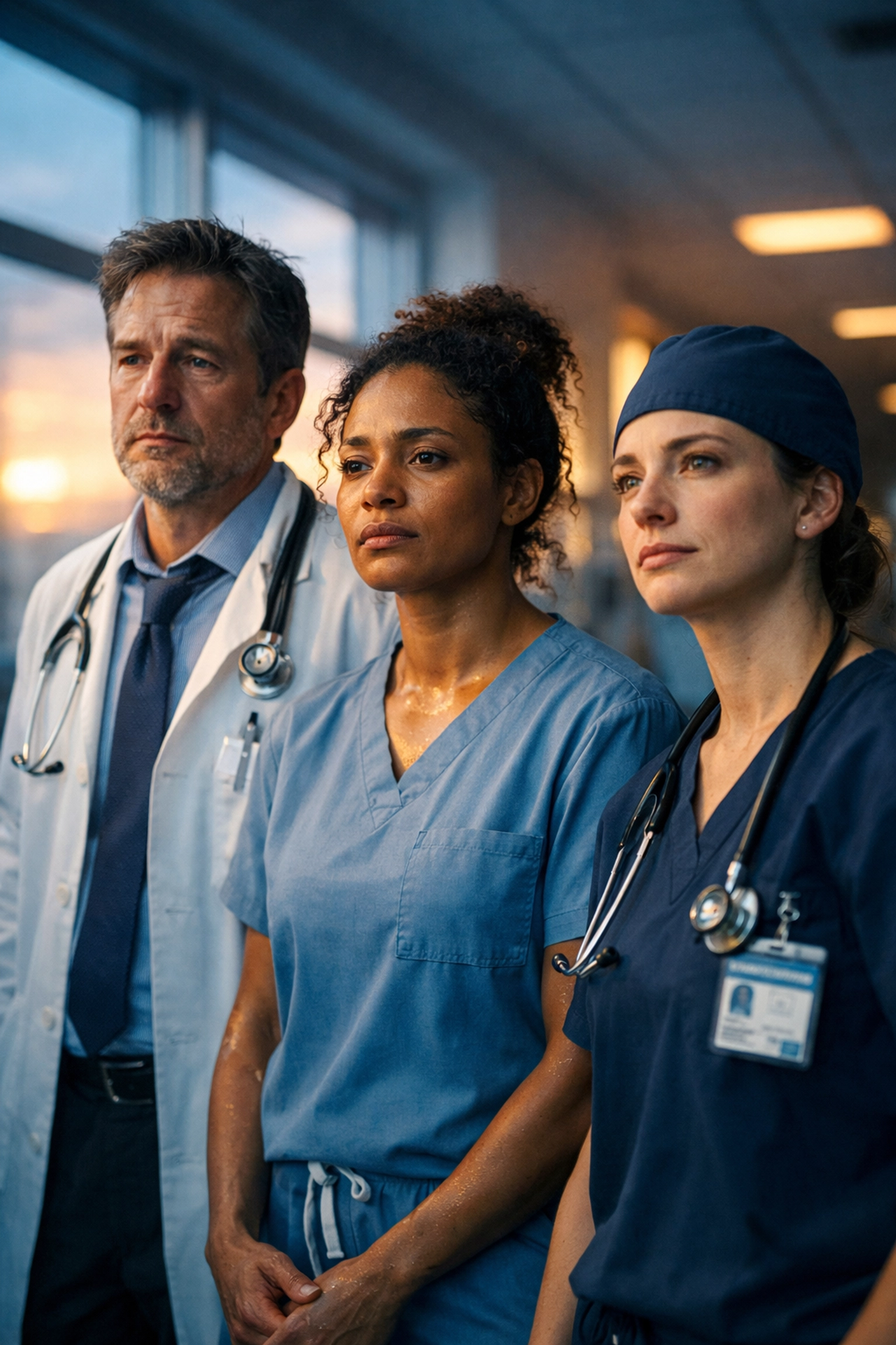 Exhausted healthcare workers in hospital hallway showing effects of clinician burnout