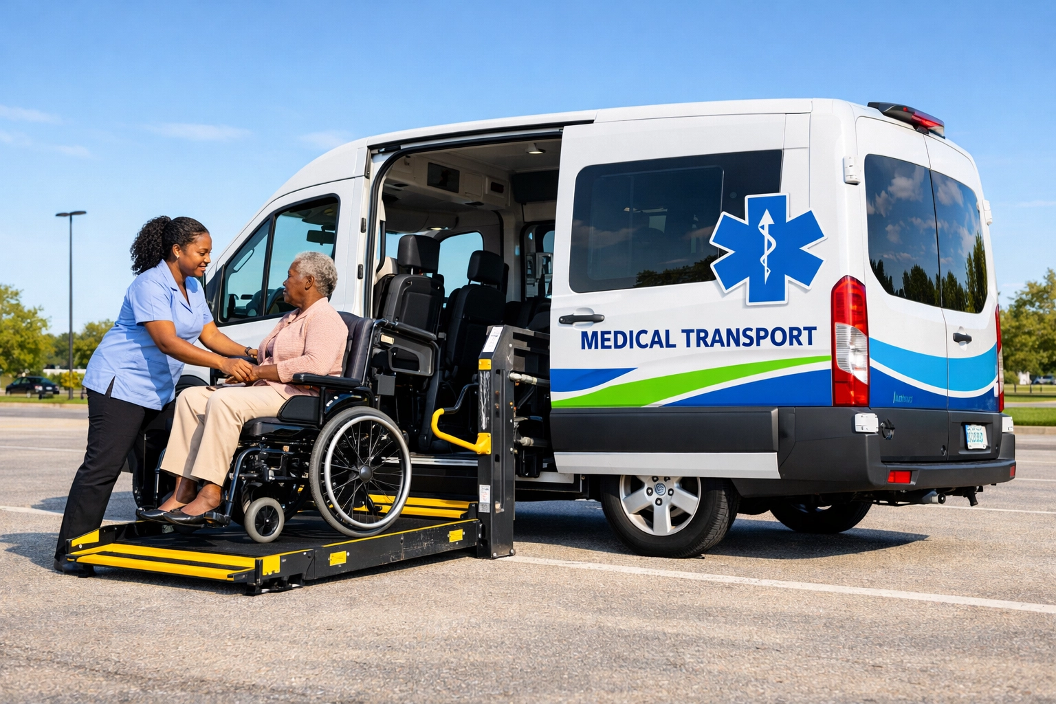 Accessible medical transportation van using a wheelchair lift to assist a senior passenger safely.