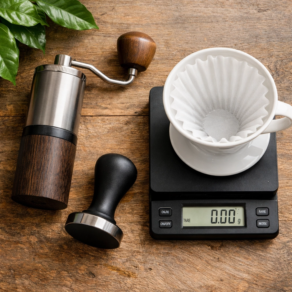 Professional home brewing gear including a manual grinder and coffee tamper for precision.