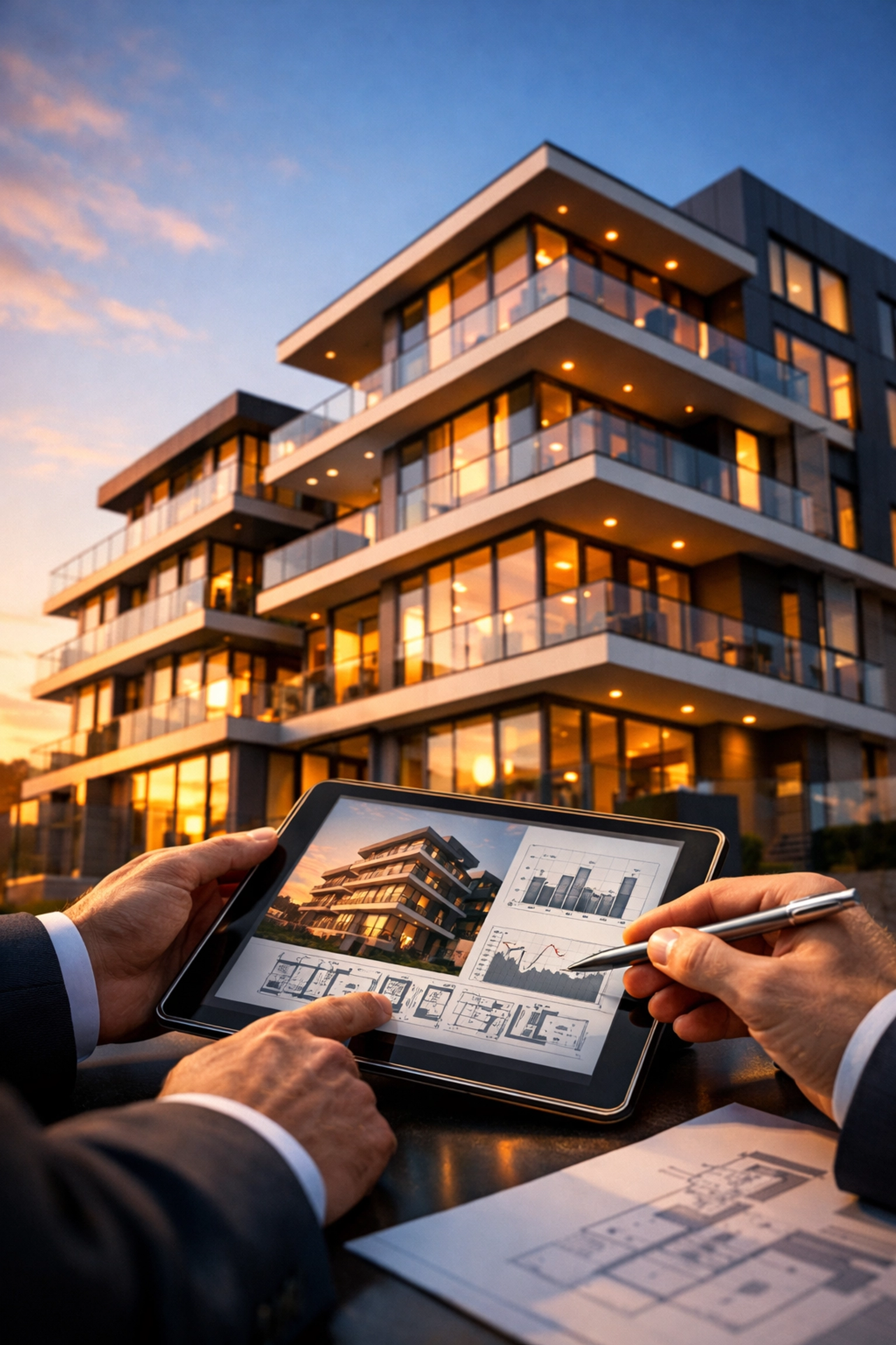 Luxury apartment complex with investor reviewing real estate syndication investment opportunity