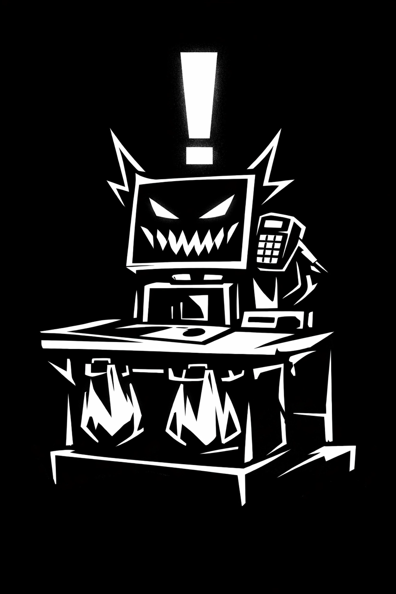 Aggressive robotic self-checkout machine with a glowing exclamation mark error icon.