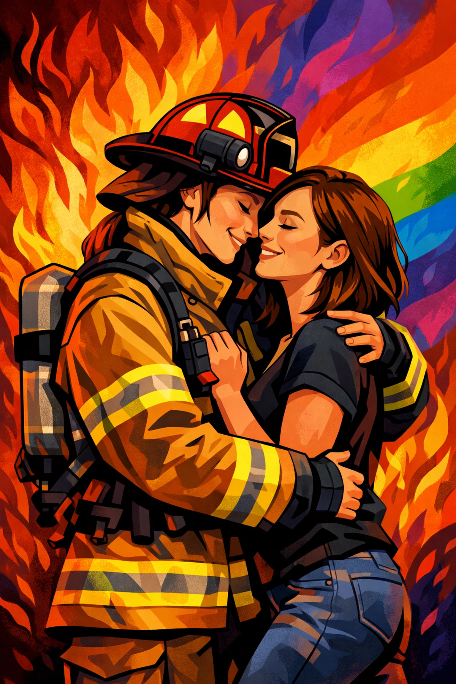 Lesbian firefighter couple embracing, celebrating LGBTQ+ love and service
