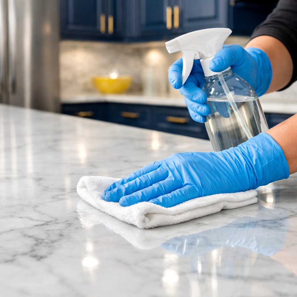 Professional cleaner using eco-friendly products on a marble countertop for luxury cleaning in Marblehead.